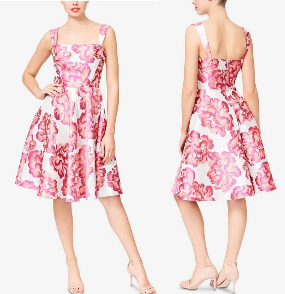 Betsey Johnson Fit and Flare Dress Womens 2 Pink Jacquard Floral Party Cocktail